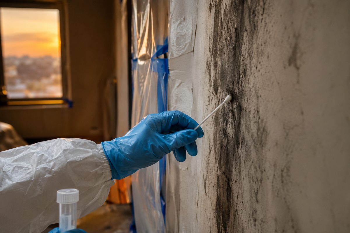 Close-up of a gloved hand pressing a testing swab against a soot-streaked interior wall beside a taped plastic sheet, lit by warm street light through a window.