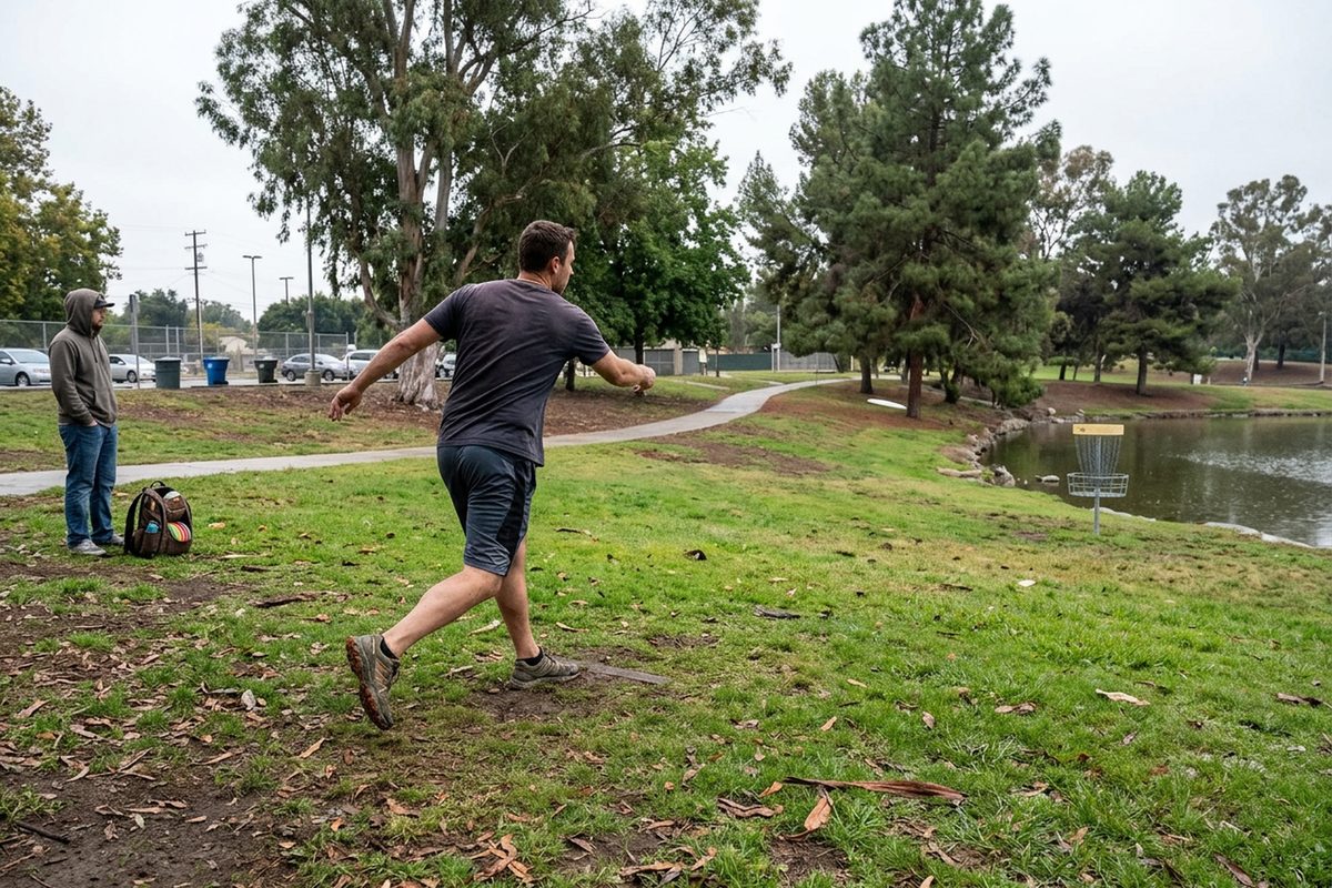 A disc golfer in a county park throws toward a metal chain basket on a grassy slope near a lake, with trees and an overcast sky behind.