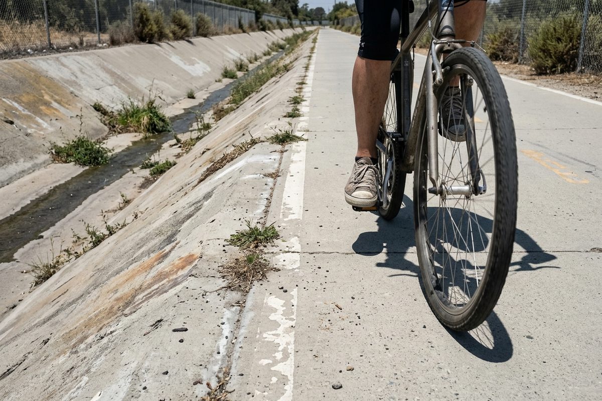 A cyclist rides a paved river-channel bike path along the San Gabriel River in Los Angeles County at midday, with no cars in sight.