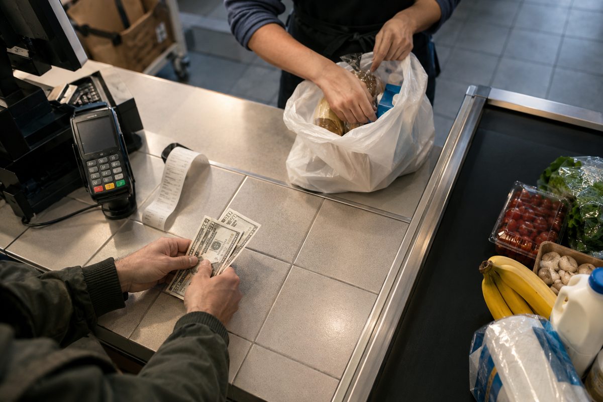 Overhead view of hands at a store checkout counter passing cash over a printed receipt in soft gray morning light.