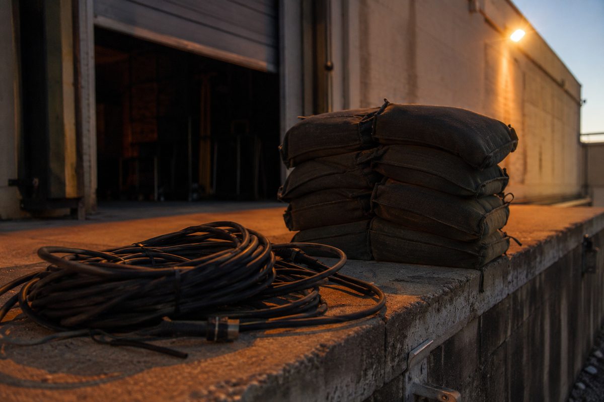 A coiled black stage cable and stacked sandbags on an empty loading dock outside a windowless production building at dusk.