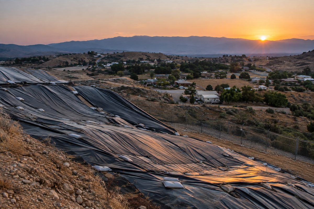 Photo illustration: stylized editorial illustration, overhead dusk frame: a plastic-covered landfill slope in a dry canyon above a scatter of ranch houses and chain-link fence, no signage, no people.