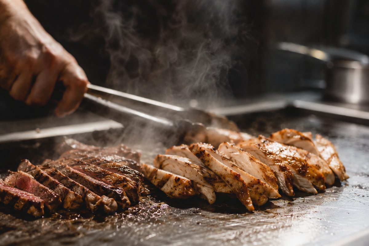 Close-up of sliced grilled chicken and steak resting on a steel kitchen surface, steam rising, hands working at the edge of the frame.