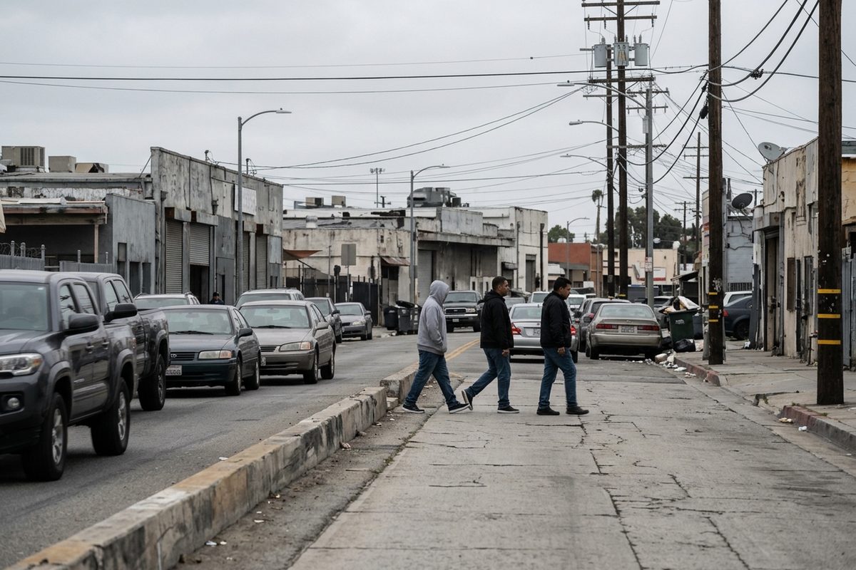 Pedestrians walk along a worn sidewalk beside traffic on Anaheim Street in Wilmington, Los Angeles, on an overcast afternoon.