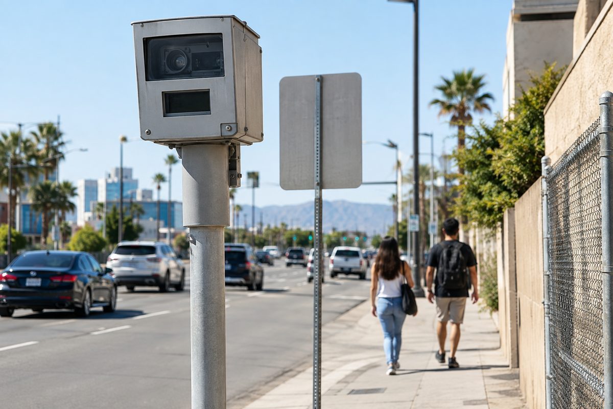 A pole-mounted traffic camera housing above a wide multilane boulevard at midday, cars passing and pedestrians crossing in the distance.