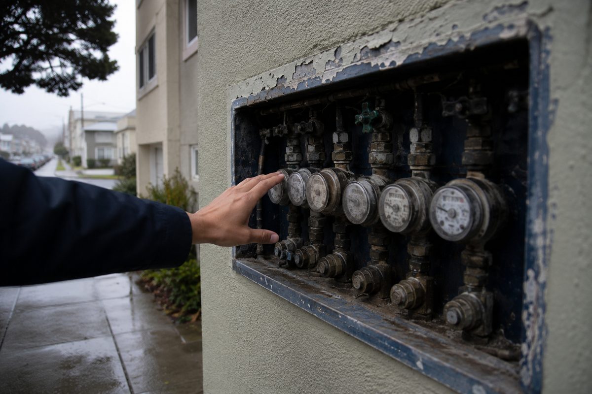 A bank of water meters set into the stucco wall of an apartment building, with a hand reaching toward one dial on a gray morning.
