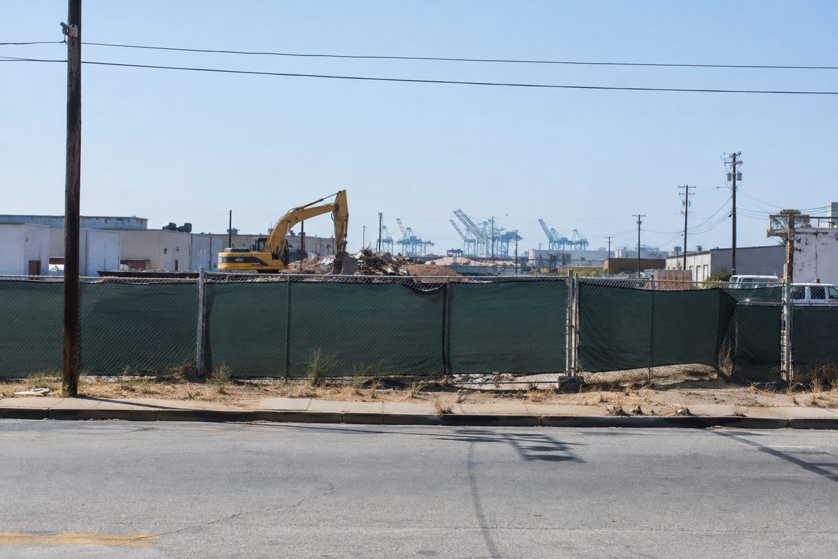 A chain-link construction fence runs along an industrial street in Wilmington under hard midday sun, with port cranes in the distance.