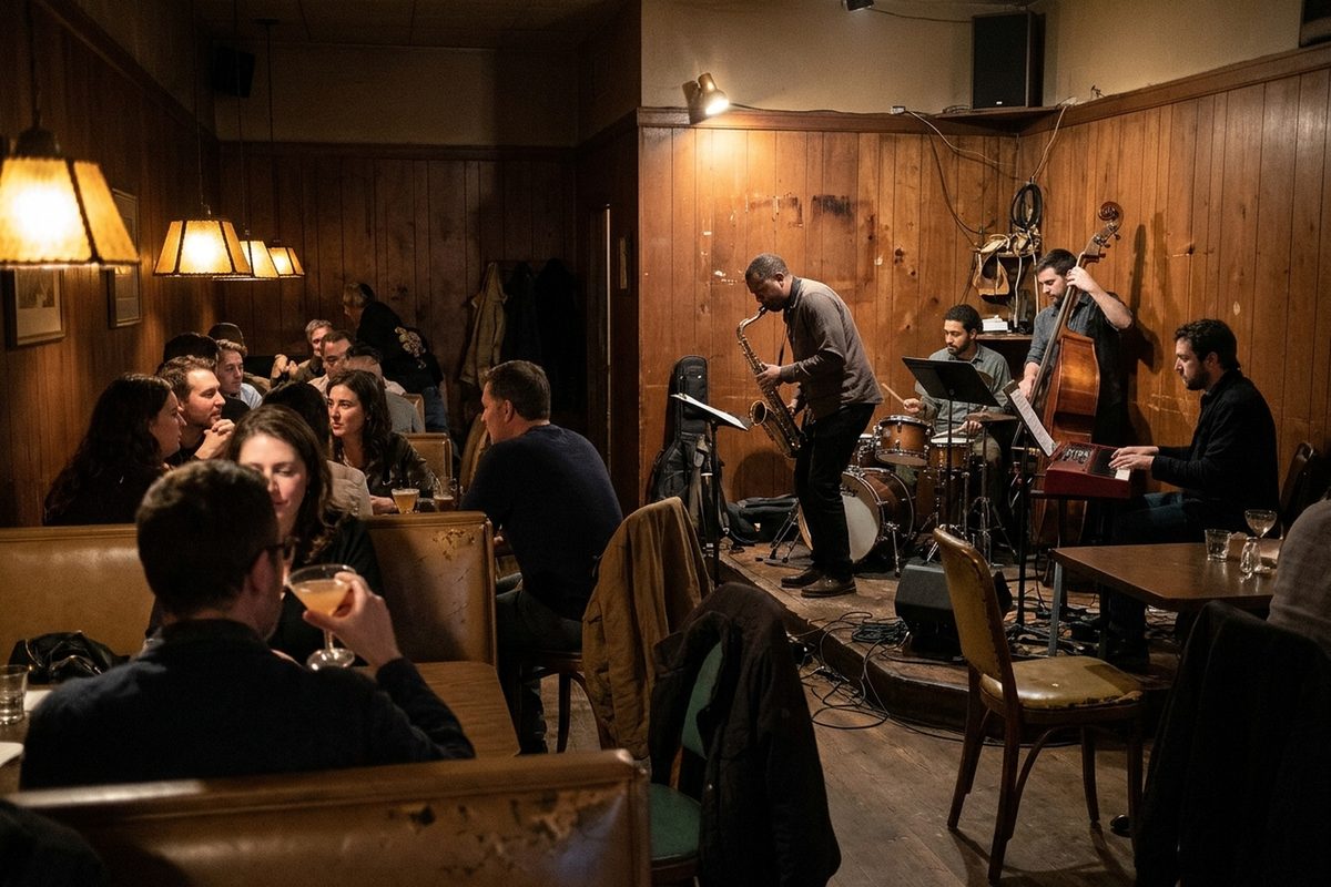 A jazz quartet with a saxophonist plays in a dim, wood-paneled restaurant lounge in Los Feliz as patrons listen from booths, one of the cheapest jazz nights in Los Angeles.