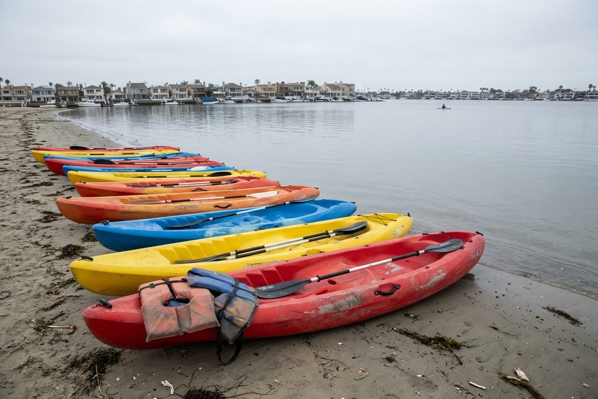 Sit-on-top rental kayaks pulled up on the sand at Alamitos Bay in Long Beach, with Naples Island homes across calm water on an overcast morning.