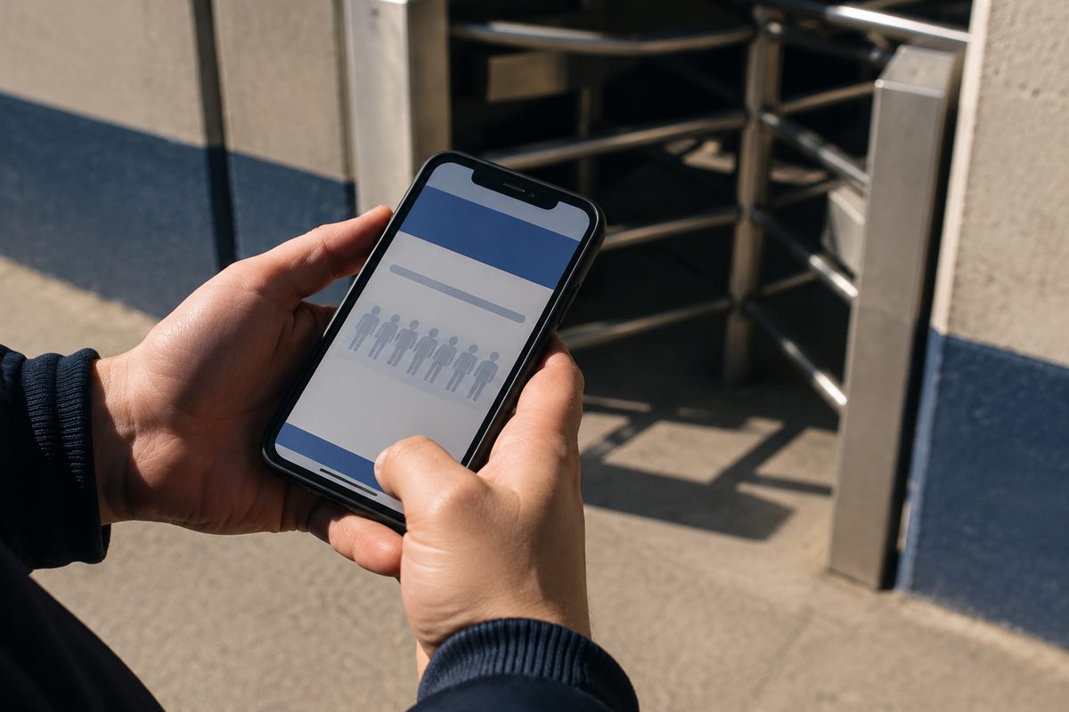 Close-up of two hands holding a phone showing an unreadable ticket queue screen, with a metal turnstile out of focus behind them.