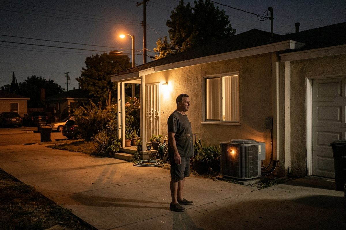 A homeowner stands in a driveway on a residential street at night under a sodium streetlight, next to a running air-conditioning unit beside a single-story house.
