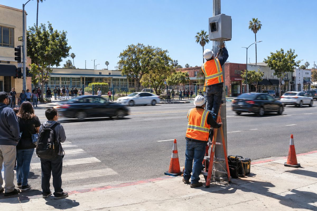 Work crew in safety vests installing a pole-mounted speed camera on a Santa Monica Boulevard sidewalk in East Hollywood as cars pass and pedestrians wait at a crosswalk.