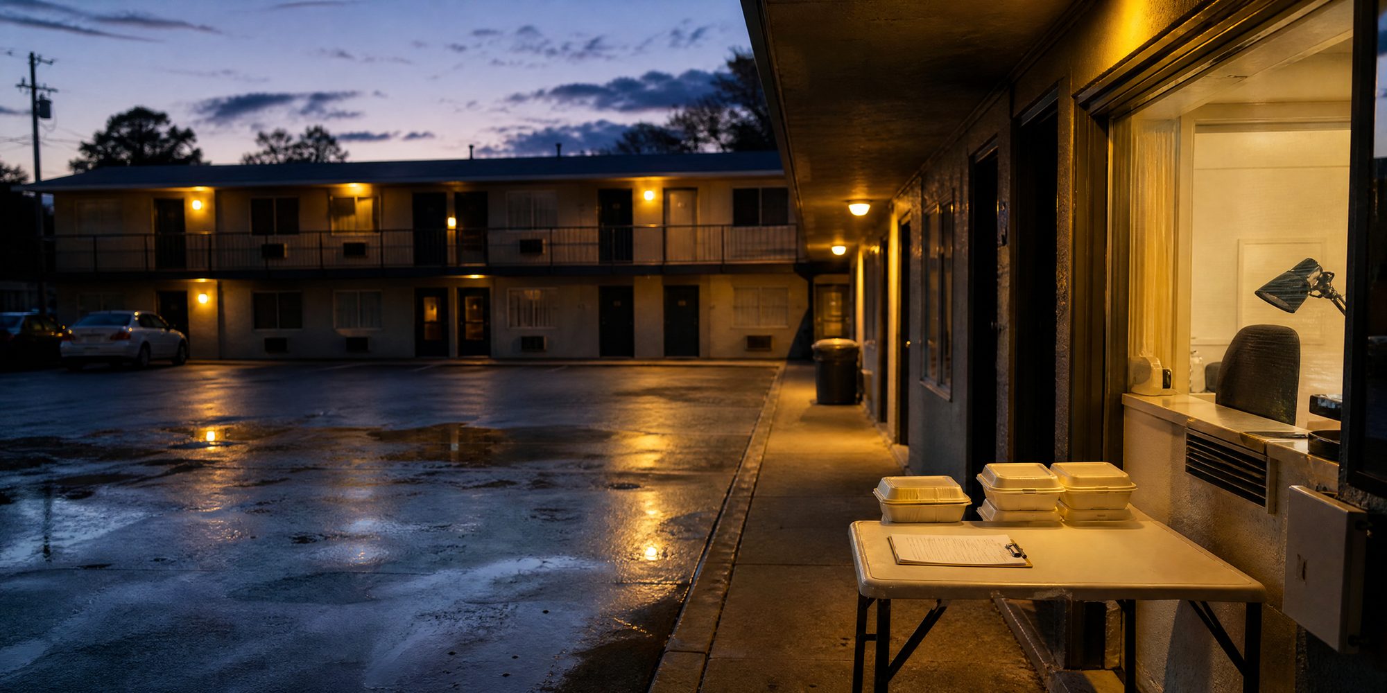 A two-story motel courtyard at dusk, exterior walkway doors lit by sodium-vapor lamps, a folding table with a clipboard and stacked meal containers near the office window.