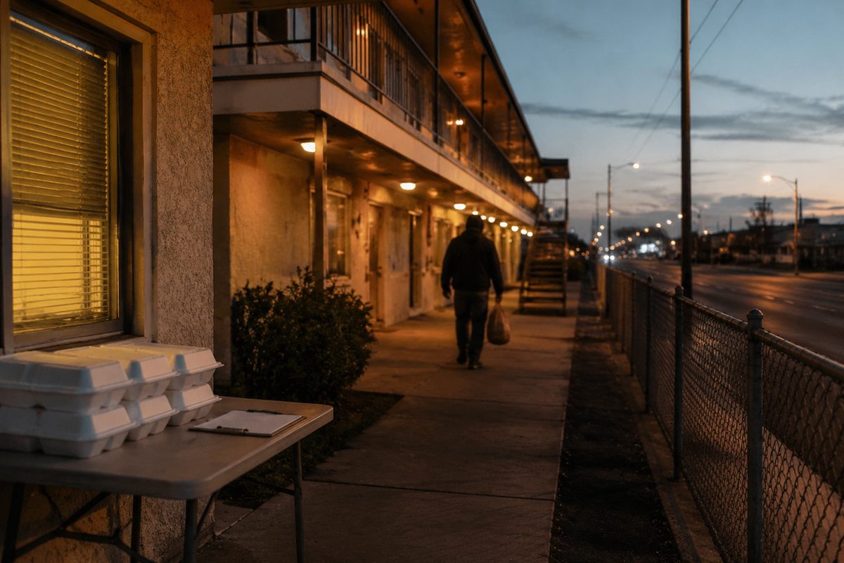 A two-story motel courtyard at dusk, exterior walkway doors lit by sodium-vapor lamps, a folding table with a clipboard and stacked meal containers near the office window.