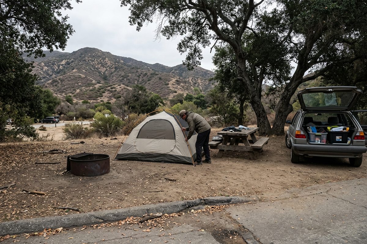 A camper pulls a tent upright at a dirt campsite under oak trees at the Malibu Creek State Park campground near Calabasas, with a picnic table and fire ring nearby.