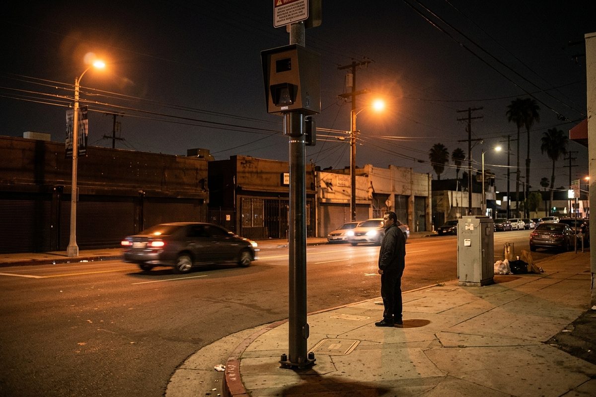 A Los Angeles speed camera on a pole at La Brea Avenue at night, with cars passing under streetlights