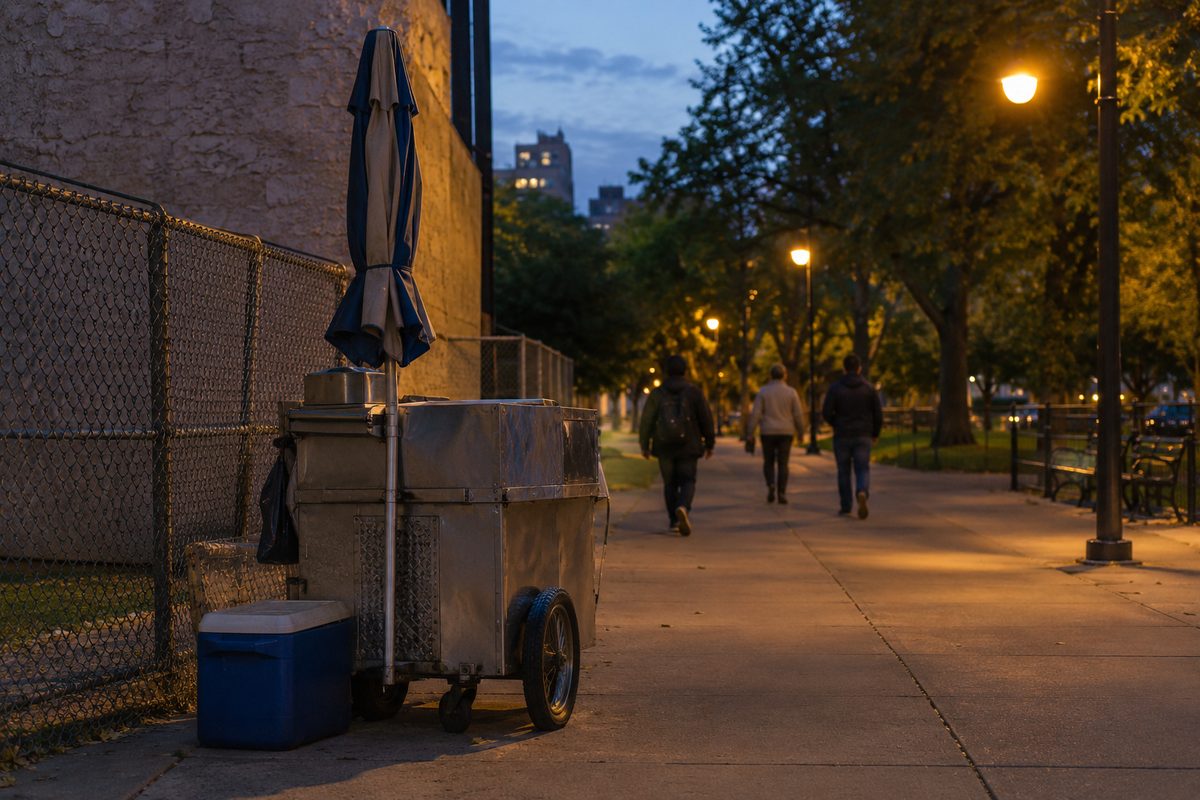 A metal vending cart parked on a cracked sidewalk beside chain-link fencing at dusk, streetlight overhead, a few people walking away from the camera.