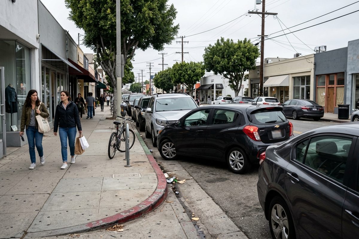 A driver parallel parks at the curb on Abbot Kinney Boulevard in Venice as shoppers walk past storefronts, where a city plan would add parking meters.