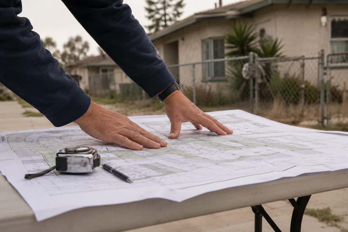 Close-up of hands smoothing a printed residential site plan on a folding table, gray morning light, lettering not legible.