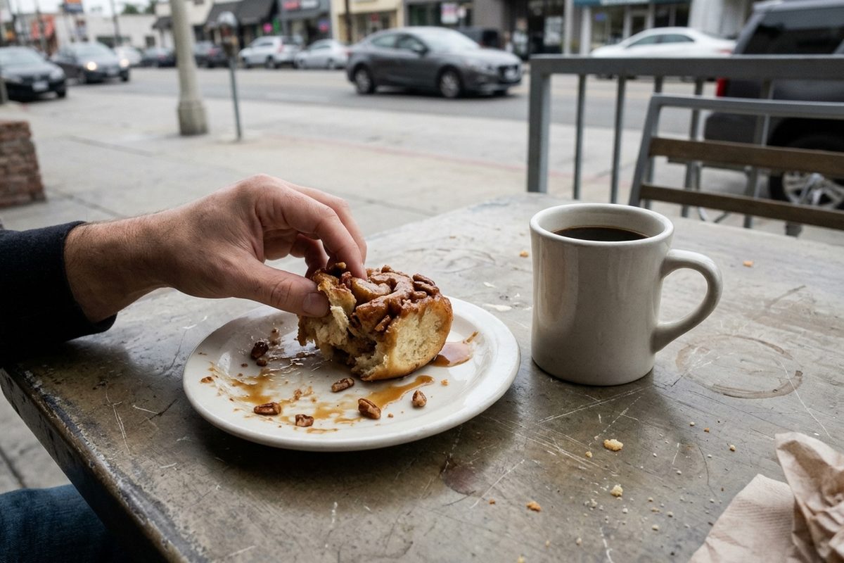 A half-eaten sticky pecan bun and a cup of coffee on an outdoor café table on La Brea Avenue in Los Angeles, with a diner's hand reaching in.