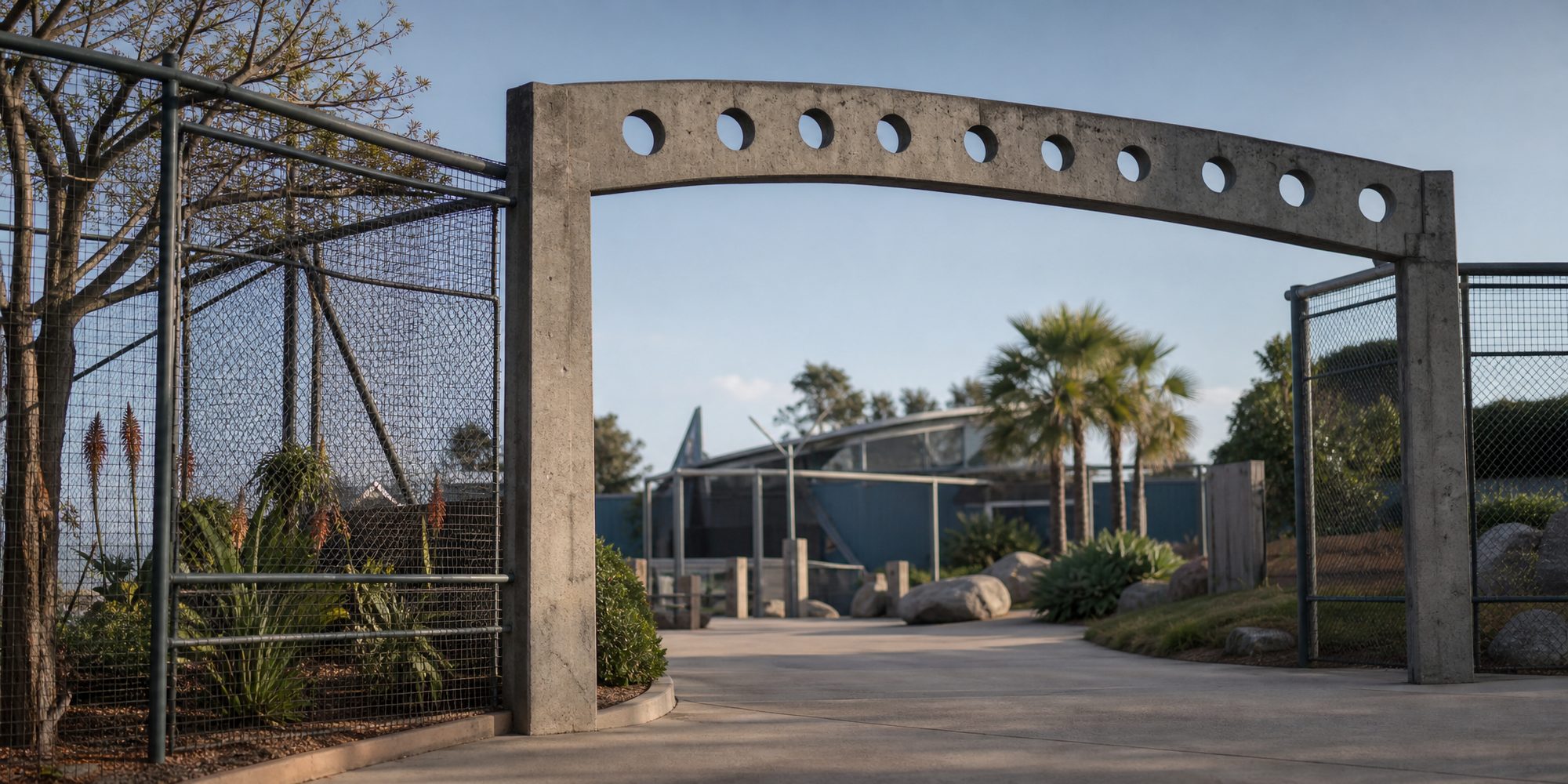 The chain-link frames and entrance sign of Cabrillo Marine Aquarium in San Pedro