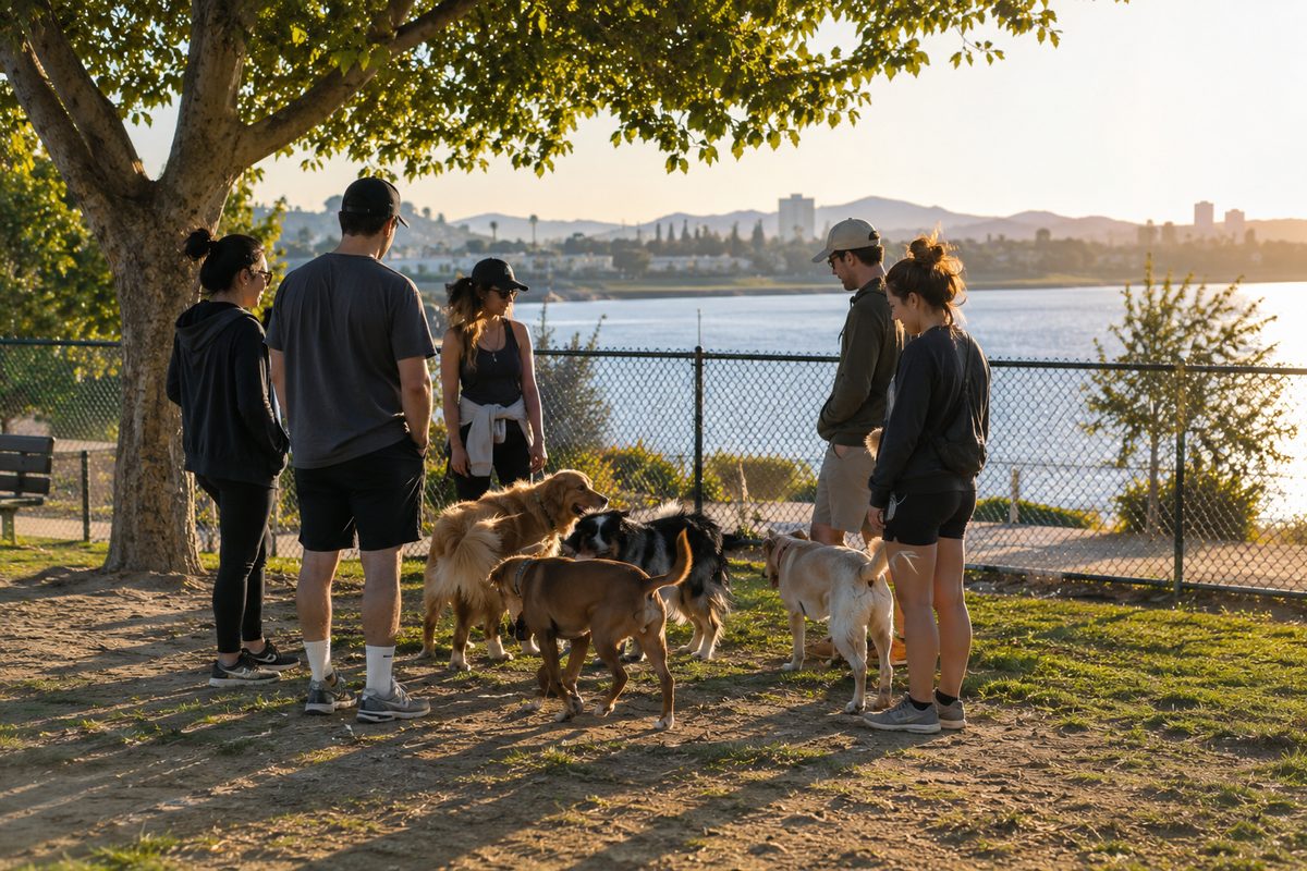 Photo illustration: eye-level 35mm inside the fenced off-leash run at Silver Lake Dog Park beside the Silver Lake Reservoir, late-afternoon sun running long and low across worn dirt and patchy grass, four or five anonymous dog owners standing together in the shade of a perimeter tree while their dogs circle at their feet, chain-link and the reservoir fence behind them, documentary framing, no readable signage, no logos, no numbers in frame, Rankings Desk news photography