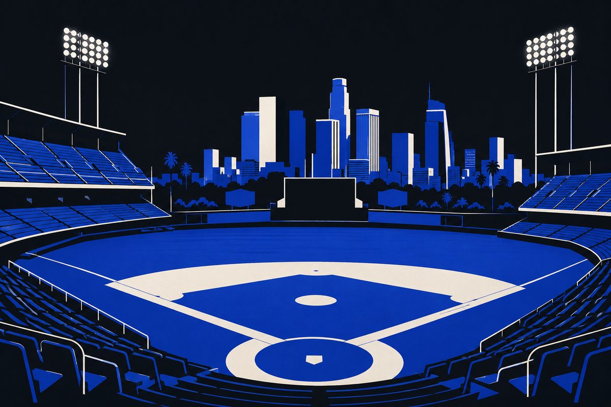 Illustration: Editorial illustration: an empty baseball stadium under floodlights after a night game, the Los Angeles skyline beyond the outfield. Moody, cinematic, painterly; no text in the image, no logos, no readable numbers.