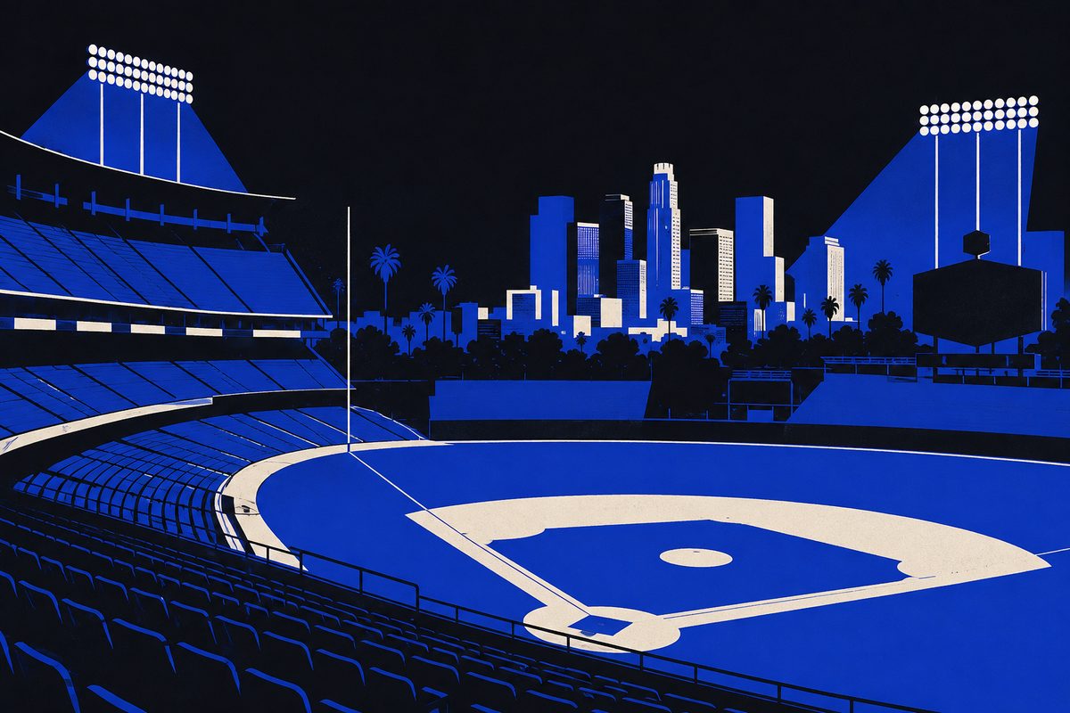 Illustration: Editorial illustration: an empty baseball stadium under floodlights after a night game, the Los Angeles skyline beyond the outfield. Moody, cinematic, painterly; no text in the image, no logos, no readable numbers.