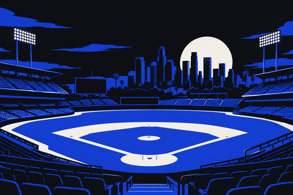 Illustration: Editorial illustration: an empty baseball stadium under floodlights after a night game, the Los Angeles skyline beyond the outfield. Moody, cinematic, painterly; no text in the image, no logos, no readable numbers.