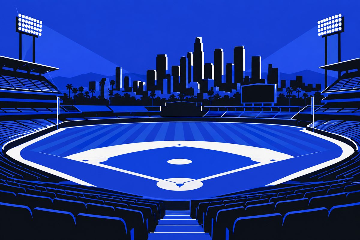 Illustration: Editorial illustration: an empty baseball stadium under floodlights after a night game, the Los Angeles skyline beyond the outfield. Moody, cinematic, painterly; no text in the image, no logos, no readable numbers.
