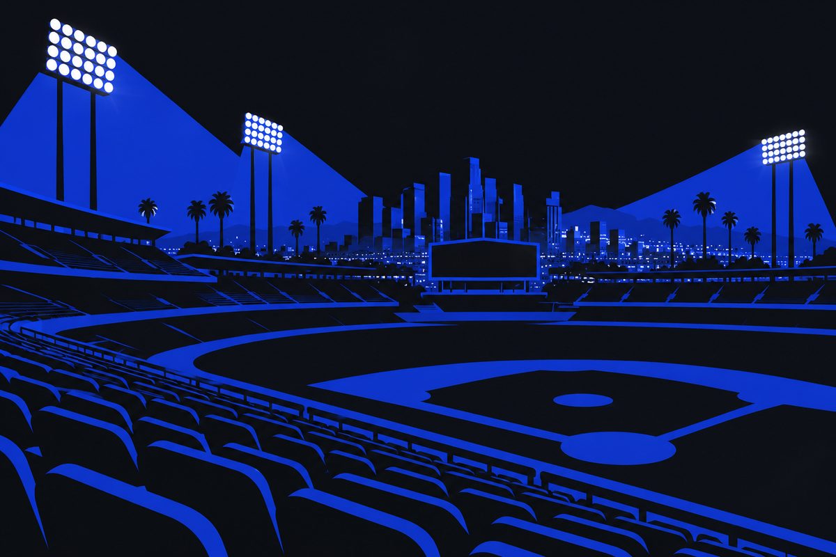 Illustration: Editorial illustration: stadium floodlights over Los Angeles at night, empty seats and a scoreboard glowing far in the distance. Moody, cinematic, painterly; no text in the image, no logos, no readable numbers.
