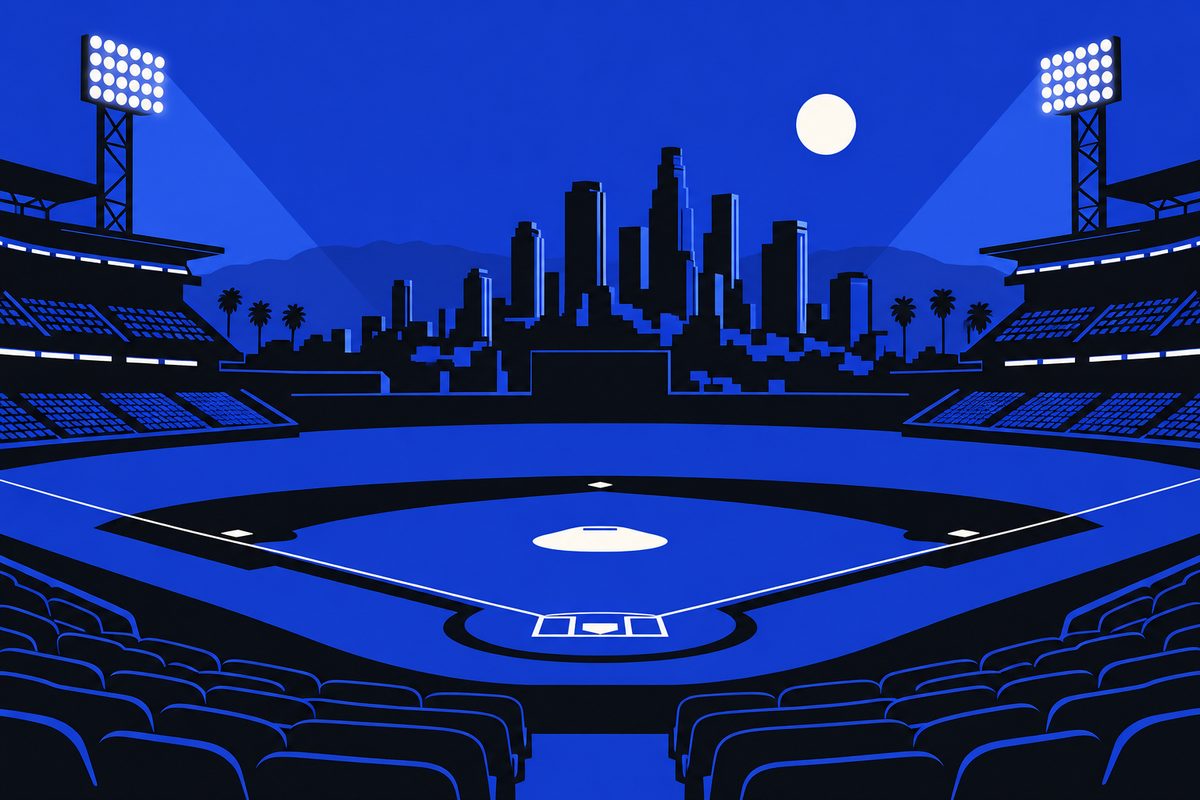 Illustration: Editorial illustration: an empty baseball stadium under floodlights after a night game, the Los Angeles skyline beyond the outfield. Moody, cinematic, painterly; no text in the image, no logos, no readable numbers.