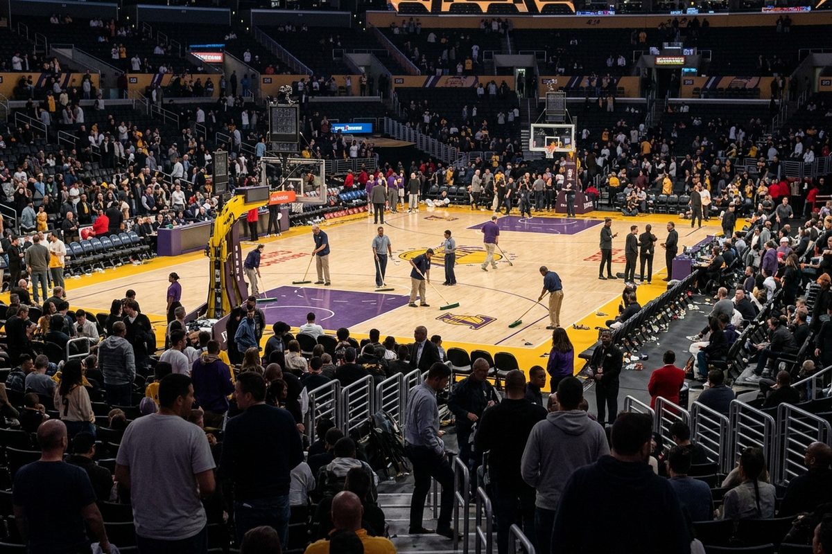 Photo illustration: Last night in Los Angeles sports: a Los Angeles arena's basketball court after the final buzzer at night, the bowl's lights half down and a crew sweeping the hardwood, seen from the upper seats.