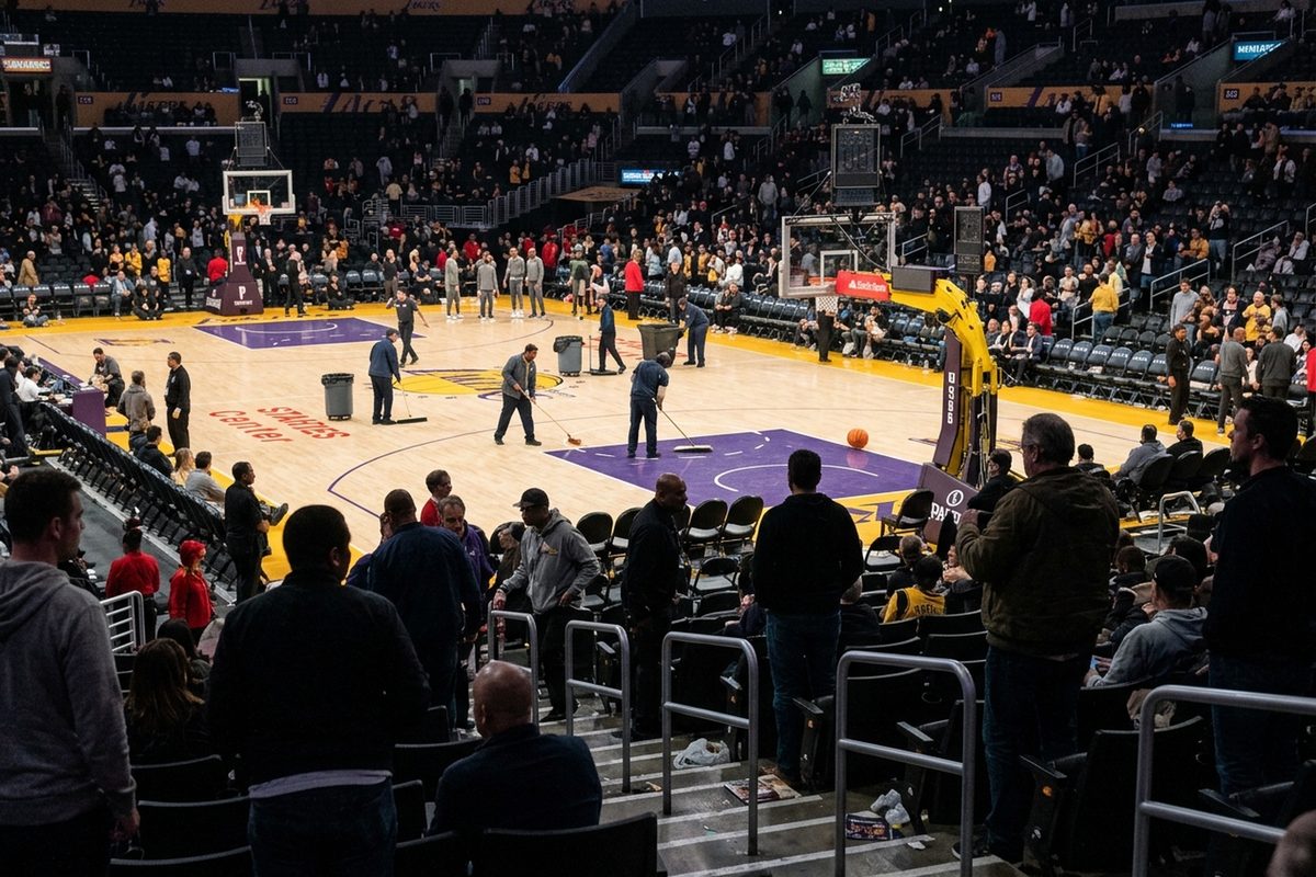 Photo illustration: Last night in Los Angeles sports: a Los Angeles arena's basketball court after the final buzzer at night, the bowl's lights half down and a crew sweeping the hardwood, seen from the upper seats.