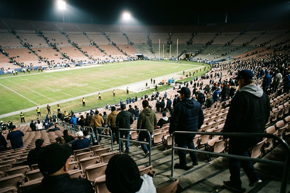 Photo illustration: Last night in Los Angeles sports: the floodlit field of a Los Angeles stadium just after a night game, the last fans filing up the aisles, seen from the upper deck.