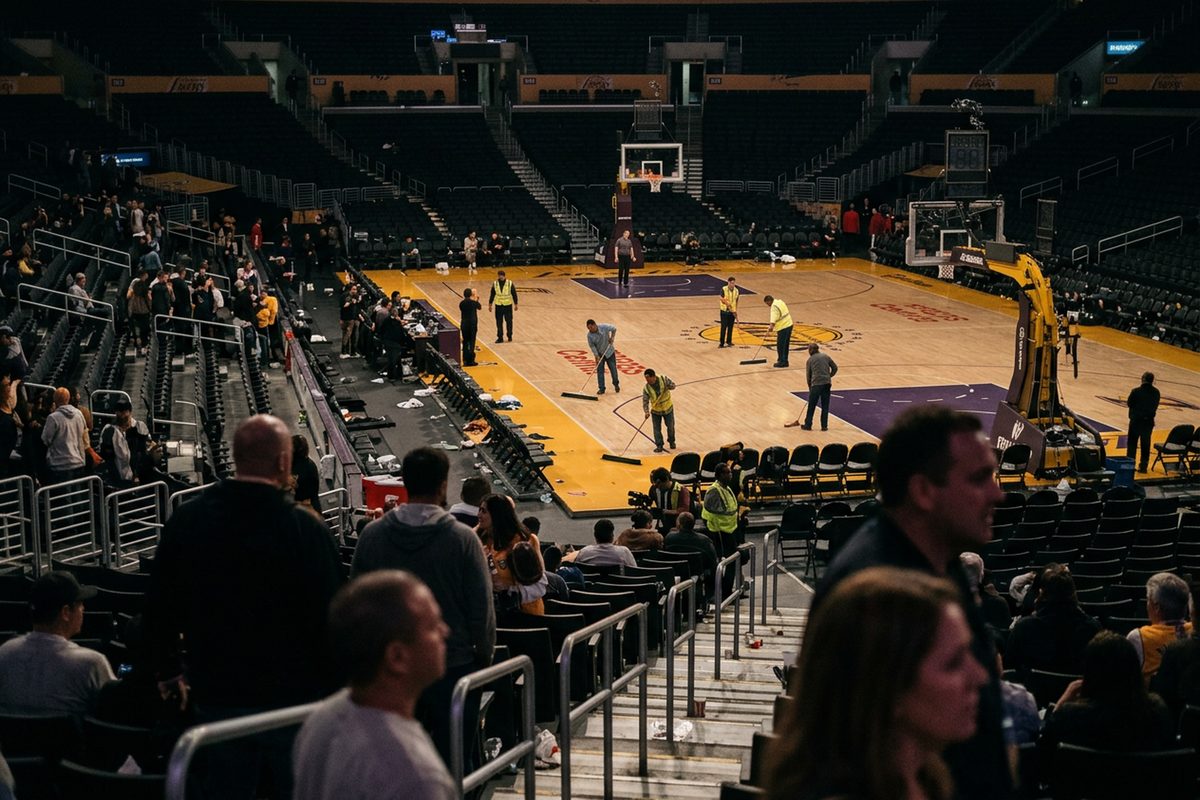 Photo illustration: Last night in Los Angeles sports: a Los Angeles arena's basketball court after the final buzzer at night, the bowl's lights half down and a crew sweeping the hardwood, seen from the upper seats.