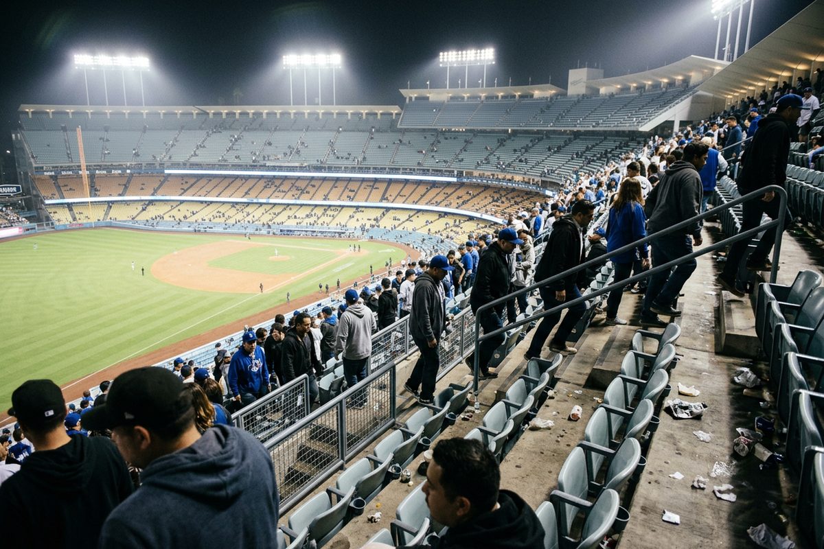 Photo illustration: Last night in Los Angeles sports: the floodlit field of a Los Angeles stadium just after a night game, the last fans filing up the aisles, seen from the upper deck.
