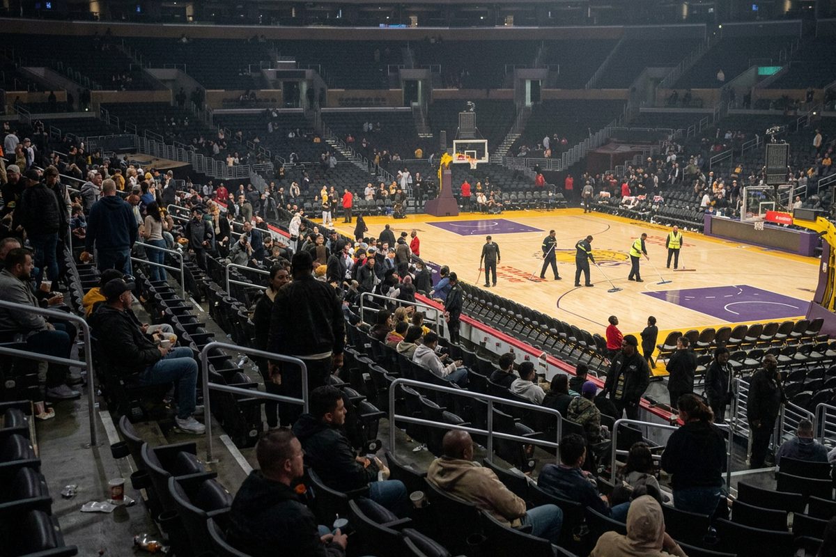 Photo illustration: Last night in Los Angeles sports: a Los Angeles arena's basketball court after the final buzzer at night, the bowl's lights half down and a crew sweeping the hardwood, seen from the upper seats.
