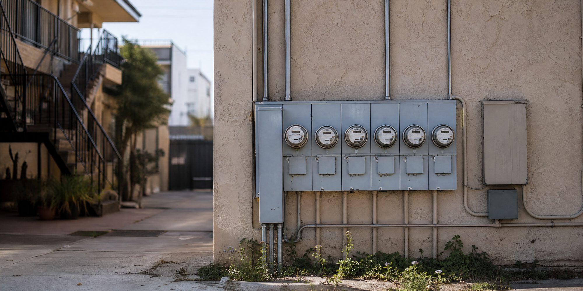 A bank of electricity meters mounted on the stucco back wall of a multi-unit apartment building in Los Angeles