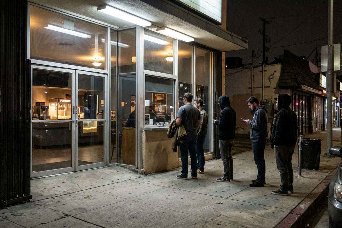 Moviegoers line up at a small neighborhood movie theater's box office window on a weeknight evening in Los Angeles, seen from the curb.