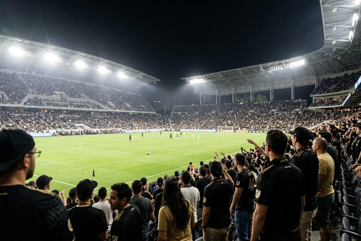 Soccer fans in black and gold in the stands at BMO Stadium at night, watching an MLS match on the lit field below.