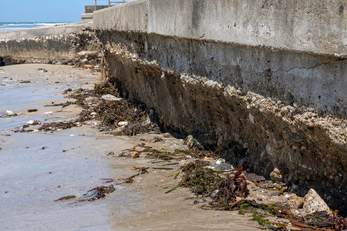 Close view of a concrete seawall footing left exposed where beach sand has washed away, wet sand and rubble at its base under bright midday light.