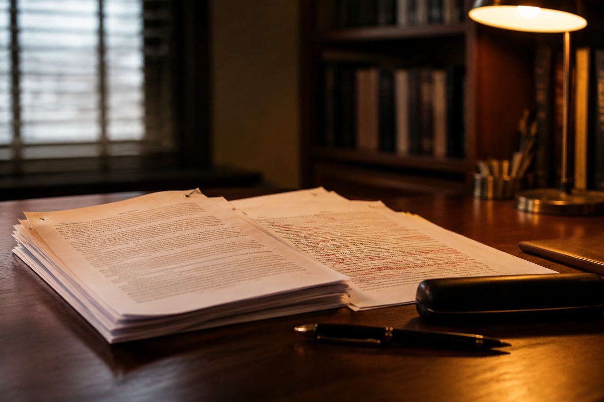 Stapled legal documents and a marked-up contract fanned across a desk under a warm lamp, the type not legible.