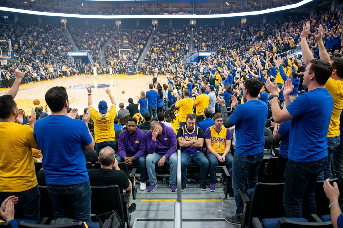 Basketball fans in Lakers purple and gold sit among Warriors fans in blue and yellow in the lower bowl of Chase Center at night during an NBA Cup game.