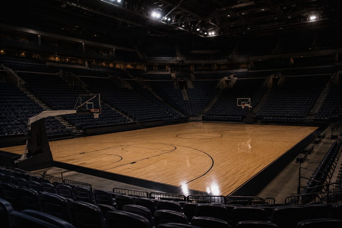 Empty seating bowl and unbranded hardwood court inside a large basketball arena in Los Angeles, illustrating the Lakers ownership sale dispute.