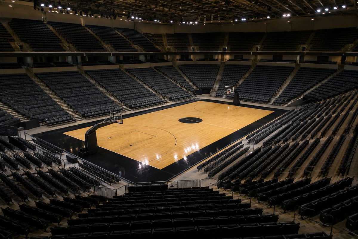 An empty basketball arena in Los Angeles seen from the upper seating bowl, house lights up, court unmarked by a logo