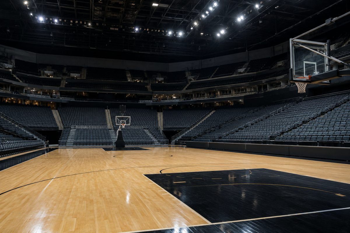 Empty tiered seating and hardwood floor of an unidentified indoor basketball arena, lit for a game with no spectators present