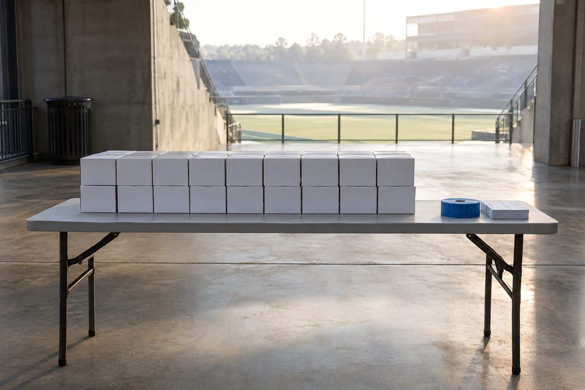 Overhead view of a row of identical unmarked boxes lined up on a folding table in a concrete arena concourse.