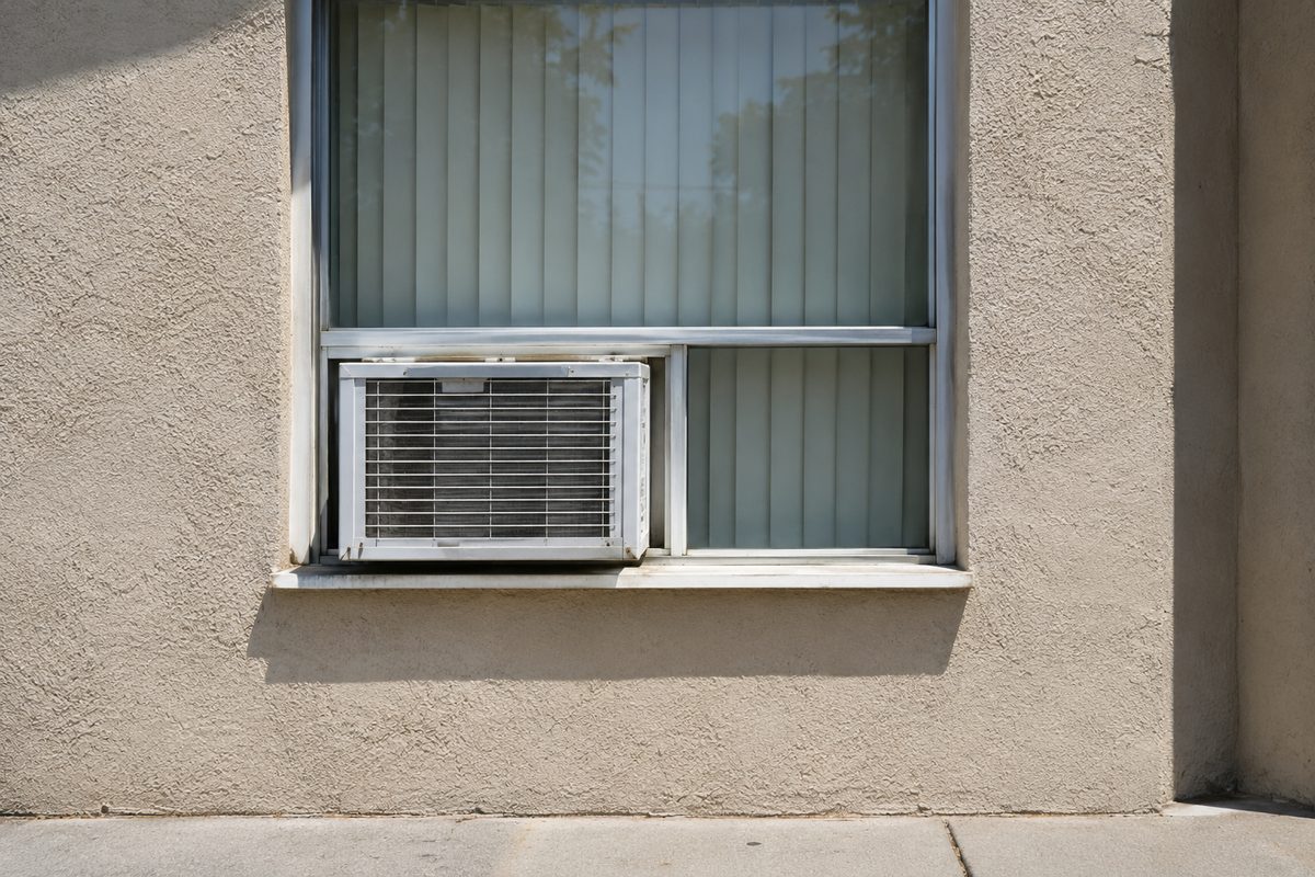 Photo illustration: A window-mounted air conditioner set into the frame of a plain stucco apartment building, seen straight on from the sidewalk at eye level, hard noon light, closed vertical blinds behind the glass, no people, no signage, no readable text, no house numbers, no seasonal objects.