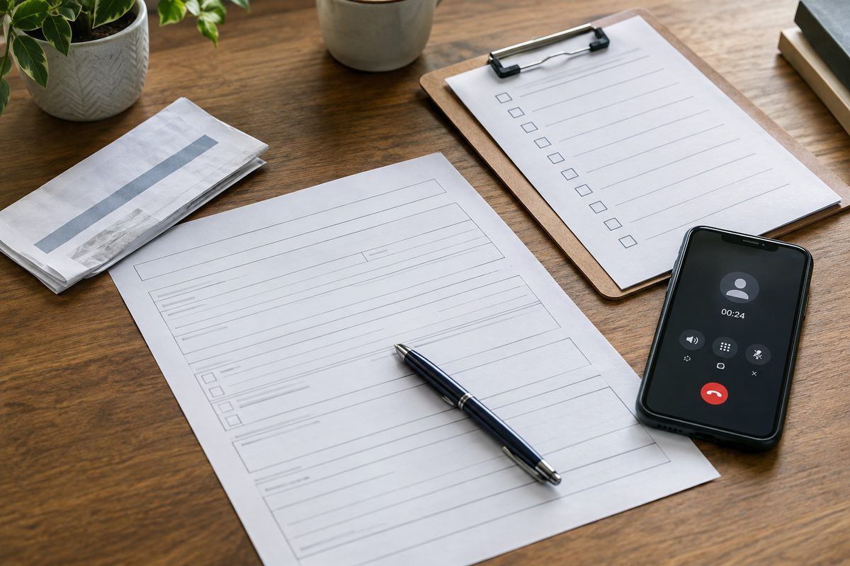 Photo illustration: flat editorial illustration, brand palette — an overhead desk scene of a housing code complaint: a blank city complaint form, a clipboard checklist, a pen, a phone face-up showing a call timer, and a folded notice; no legible text, no logos, no people, no identifiable building